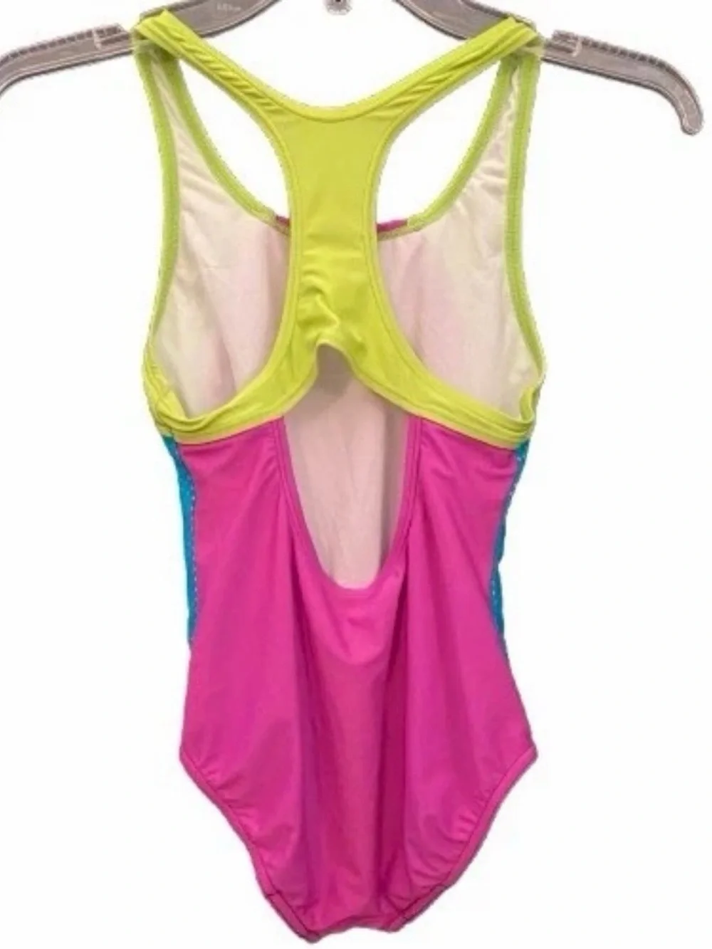 Speedo Girls Size 12 One Piece Swimsuit Racerback Pink Lime Blue Mesh 90s VTG